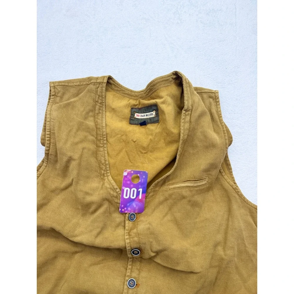 32 Bar Blues Vest Mens L Yellow Ochre Tencel Cotton Button Front Cinch Back